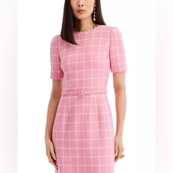 OSCAR DE LA RENTA Fall 2023 Pink & White Windowpane Tweed Boucle Dress Sz 12 NWT - Picture 4 of 15